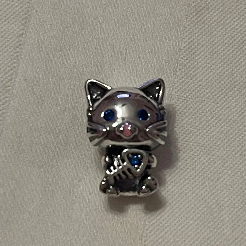 Sterling Silver Fishbone Cat Charm with Blue Accents - Picture 5 of 11